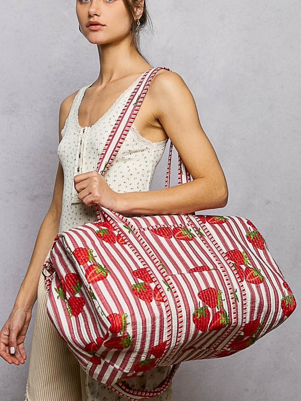POL Striped Strawberry Cotton Quilted Weekend Duffle Bag in Red and White